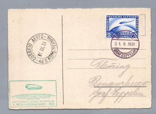 Zeppelin Beleg 1. Südamerikafahrt 1931 Brasilien Pernambuco + Flemming