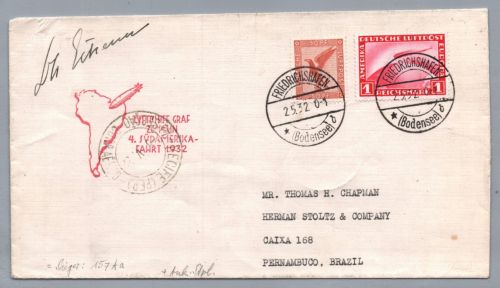 Graf Zeppelin Brief - 4. Südamerikafahrt 1932 n. Pernambuco Brasilien + Eckener