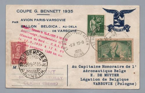 Frankreich Ballonpost Gordon Bennett + Zuleitung UDSSR nach Belgien 1935