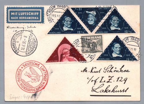 Zeppelin Vertragsstaatenpost Niederlande - Amsterdam nach Lakehurst USA 1936