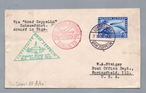 Brief Graf Zeppelin - Ostsee Fahrt 1930 - nach Springfield USA + Abwurf Riga