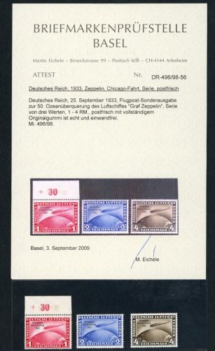Deutsches Reich Michel Nummer 496 - 498 Chicago Fahrt postfrisch Attest