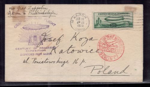 USA Zeppelin Beleg Graf Zeppelin Akron 1933 nach Kattowitz Polen über Berlin