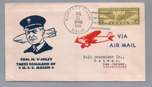 Patriotic - USA Luftpostbrief Moffett nach Rahway NJ - USS Macon Commander 1934