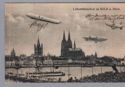 Ansichtskarte Luftschiffmanöver Zeppelin über Köln 1910 nach Aachen