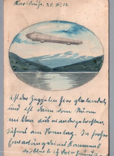 Gemalte Ansichtskarte Zeppelin Luftschiff LZ 15 - Karlsruhe 1913