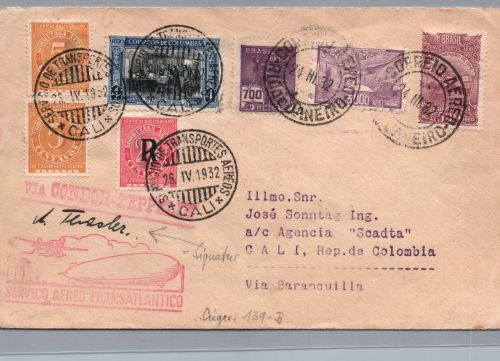 Zeppelin Brief 1. Südamerikafahrt Cali Kolumbien & Brasilien 1932 + Unterschrift