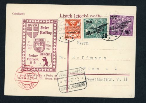 Österreich / Tschechien Luftpost Karte Erster Postflug Prag - Wien 21.03.2027