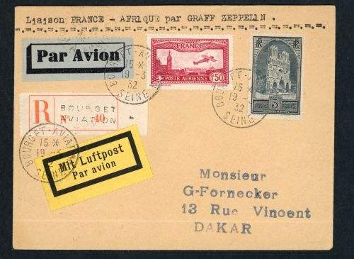 Frankreich Luftpost Einschreiben Zeppelin Bourget n. Dakar 1932