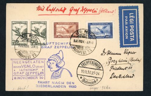 Zeppelin Zuleitungspost Ungarn - Fahrt in die Niederlande 1930 LZ 127 Attest
