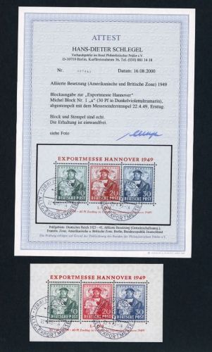 Allierte Besetzung BiZone Block 1a Messesonderstempel Ersttag - Attest