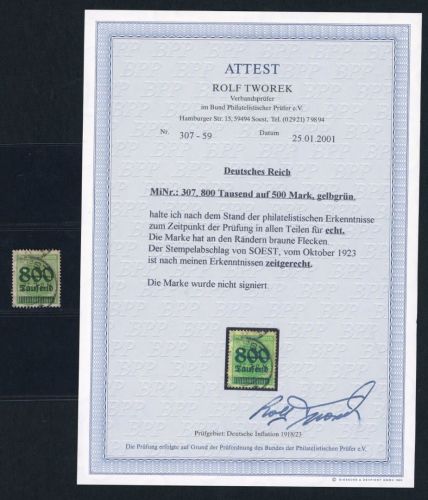 Deutsches Reich Michel Nummer 307 gestempelt Soest Oktober 1923 - Attest