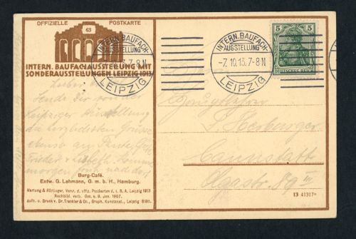 offizielle Postkarte Bauchfachausstellung Leipzig 1913 - Burg-Cafe mit Stempel