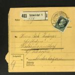 Bayern Einzelfrankatur Paketkarte Mi.Nr. 102 Schweinfurt n. Rathmannsdorf 1916