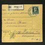 Bayern Einzelfrankatur Paketkarte Mi.Nr. 102 Dillingen n. Groß-Henbach 1916