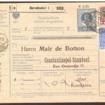 Österreich Mehrfachfrankatur Paketkarte Marschendorf - Konstantinopel 1915