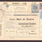 Österreich Mehrfachfrankatur Paketkarte Marschendorf - Konstantinopel 1916