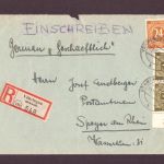 Alliierte Besetzung Einschreiben Vöhringen nach Speyer 23.10. 1947
