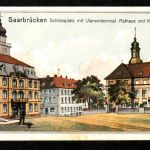 Ansichtskarte Saarbrücken - Schlossplatz / Ulanendenkmal / Kreis- Rathaus - 1919