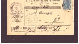 Württemberg Postanweisung - Bibersfeld nach Hall 1896