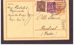 Infla Ganzsache P 141 Typ I - Tabakfabrik / Flöha nach Bruchsal - 1922