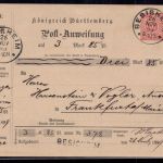 Württemberg Postanweisung - Besigheim nach Frankfurt am Main 1899