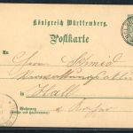 Württemberg Ganzsache K2 Holzgerlingen nach Hall