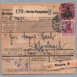 Dt. Reich Auslands Paketkarte Berlin nach Russland / Polen Wloclawek 1913