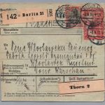 Dt. Reich Auslands Paketkarte Berlin nach Russland / Polen Wloclawek 1913