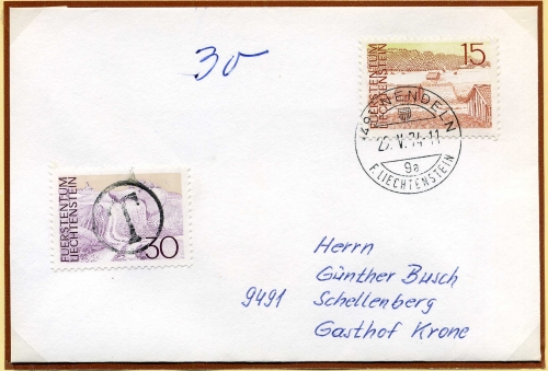 Liechtenstein 574 + 581 Nachporto portogerecht Mischfrankatur #GU640