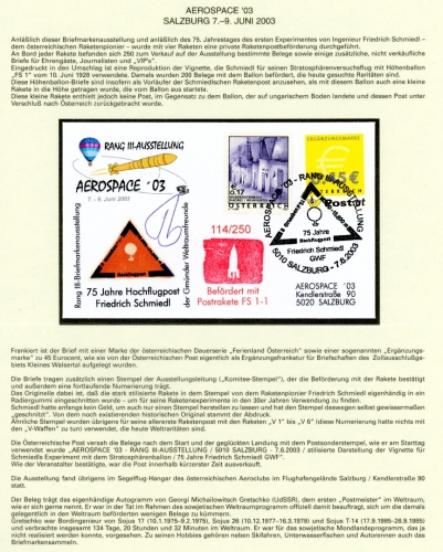 Raketenpost anlässlich Aerospace '03 Salzburg Radiergummistempel #KB510