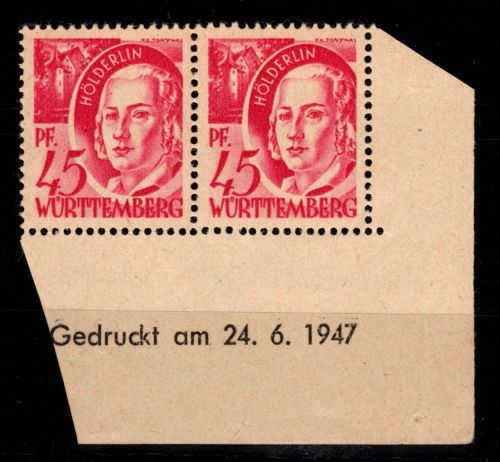 Fr. Zone Württemberg 9 v v Br u postfrisch mit Druckdatum #DIE30
