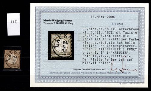 Deutsches Reich 11 I gestempelt Befund Sommer BPP, Plattenfehler #DJG24