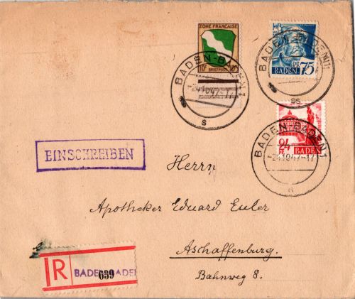 Französische Zone Allg. Ausgabe 5 auf Brief als Mischfrankatur R- Brief #DJJ48