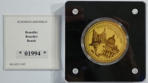 Medaille Motiv Benedikt, 999er Gold 1/200 oz, mit Zertifikat im Folder #EAA11