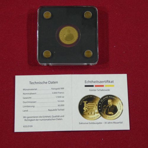 Tschad 3000 Francs CFA, 999er Gold 1/500 oz, Mauerfall, mit Zertifikat #EAA47