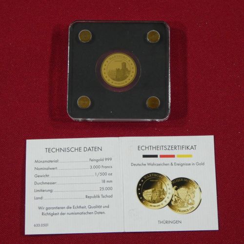 Tschad 3000 Francs CFA, 999er Gold 1/500 oz, Thüringen, mit Zertifikat #EAA57