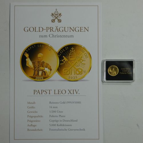 Medaille Motiv Papst Leo XIV, 999er Gold 1/200 oz, mit Zertifikat #EAA60