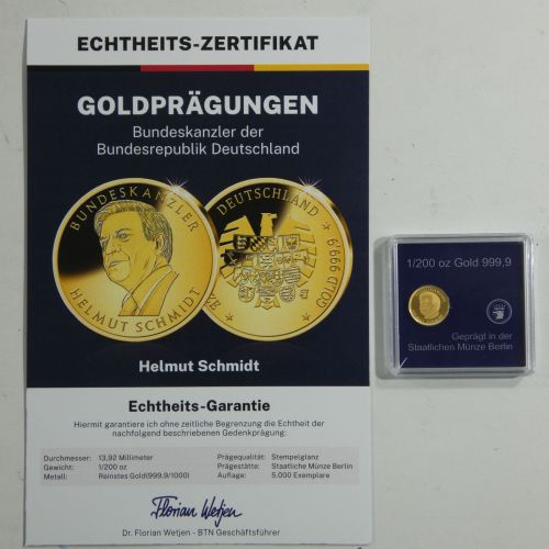 Medaille Motiv Helmut Schmidt, 999er Gold 1/200 oz, mit Zertifikat #EAA62