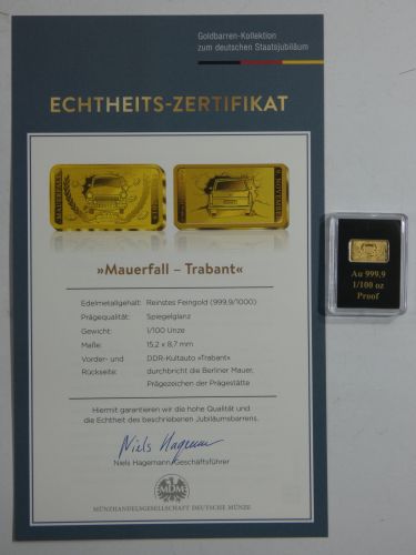 Goldbarren Motiv Mauerfall Trabant 999er Gold 1/100 oz, mit Zertifikat #EAA72