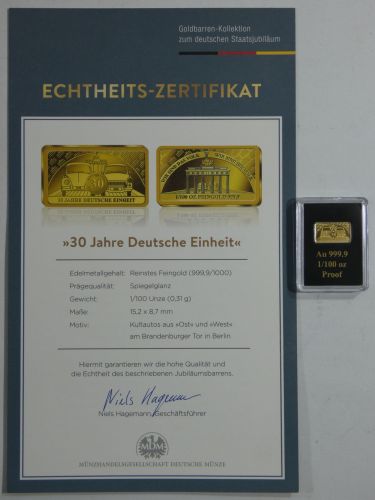 Goldbarren Motiv 30 Jahre Dt. Einheit 999er Gold 1/100 oz, mit Zertifikat #EAA73