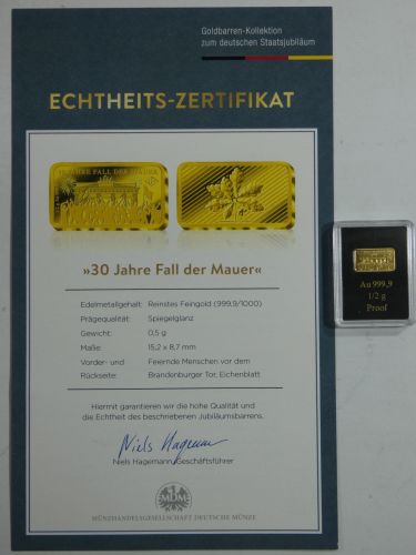 Goldbarren Motiv 30 Jahre Dt. Einheit 999er Gold 0,5 g fein,m. Zertifikat #EAA74