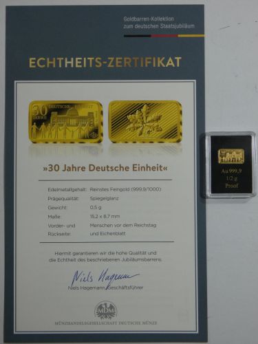 Goldbarren Motiv 30 Jahre Dt. Einheit 999er Gold 0,5 g fein,m. Zertifikat #EAA75