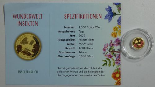 Togo 1500 Francs CFA, Münze 999er Gold 1/100 oz, Insekten, mit Zertifikat #EAA95