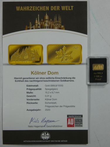 Goldbarren Motiv Kölner Dom, 999er Gold 1/100 oz, mit Zertifikat #EAB48