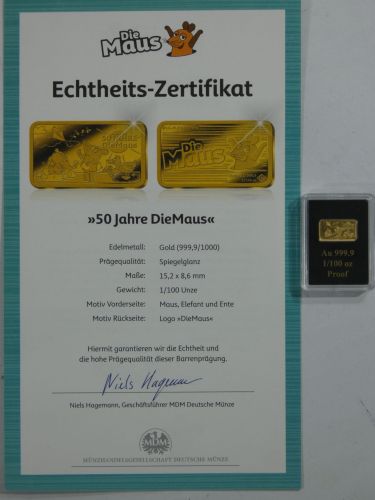 Goldbarren Motiv Die Maus, 999er Gold 1/100 oz, mit Zertifikat #EAB49