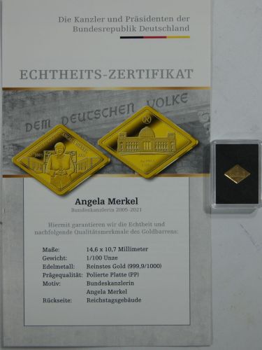 Goldbarren Motiv Angela Merkel, 999er Gold 1/100 oz, mit Zertifikat #EAB50