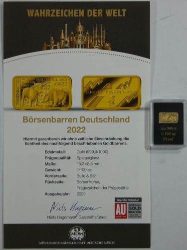 Goldbarren Motiv Börse, 999er Gold 1/100 oz, mit Zertifikat #EAB51