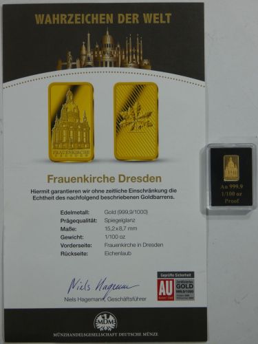 Goldbarren Motiv Frauenkriche, 999er Gold 1/100 oz, mit Zertifikat #EAB52