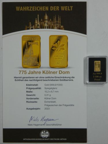 Goldbarren Motiv Kölner Dom, 999er Gold 1/100 oz, mit Zertifikat #EAB53